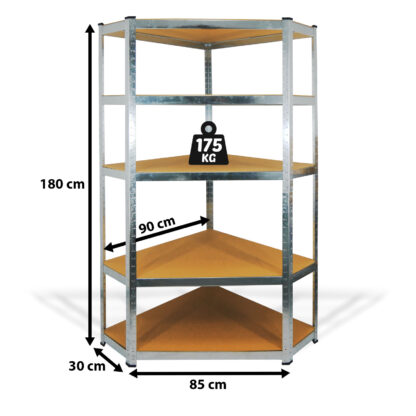 Fémpolc állvány - sarok - 5 szintes - fém - max. 175 kg - 180 x 90 x 30 cm - Image 2