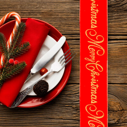 Karácsonyi szalag - piros - "Merry Christmas" - 60 x 8 cm - Image 2