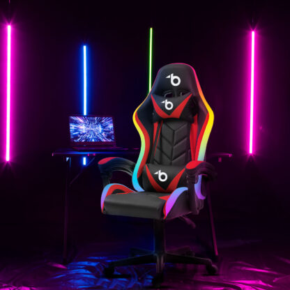 RGB LED-es gamer szék - karfával, párnával - fekete / piros - Image 2