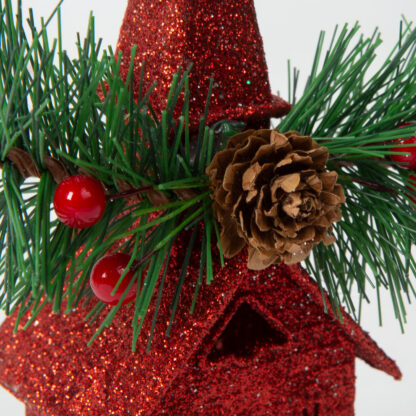 Karácsonyi glitteres templom akasztóval - 16 x 6,5 cm - piros - Image 3