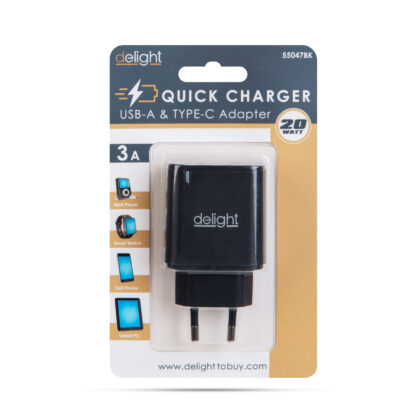 Hálózati Adapter USB + Type-C PD20W gyorstöltéssel - fekete - Image 4