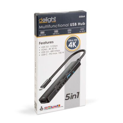 Multifunkciós USB Hub - HDMI + Type-C 3.0 - 3xUSB-A, 1xType-C - 5 Gbps, 100 W - fekete - Image 4
